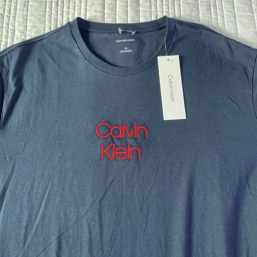 Calvin Klein Jeans Womens Logo T-Shirt Navy Blue Red Embroidery Large NEW